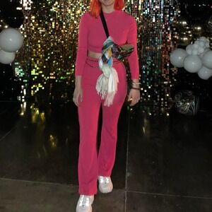 SHEIN Hot Pink Ribbed Two Piece Set – Crop Top & Flared Pants‎ Women's XS/S